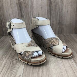Sorel Wedge Sandals Womens 7.5 Joanie II Cream Leather Buckle Zip Shoes